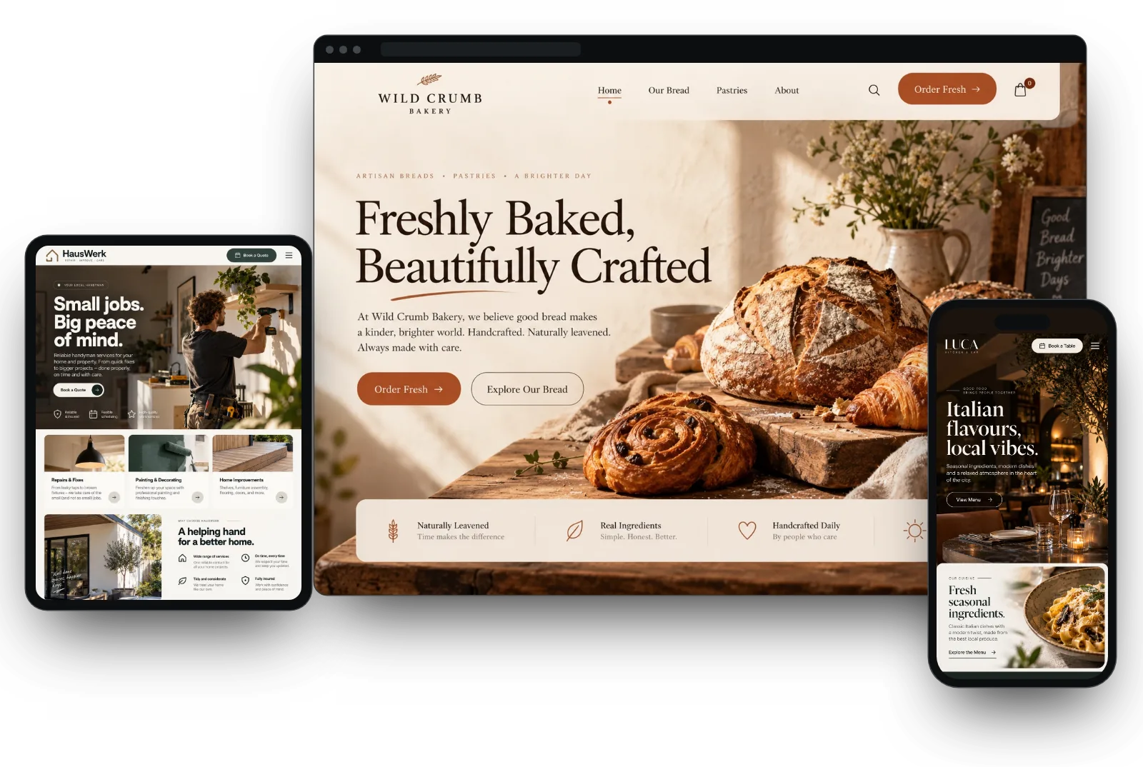 Example websites for a bakery, a handyman and an Italian restaurant on a desktop, a tablet and a phone