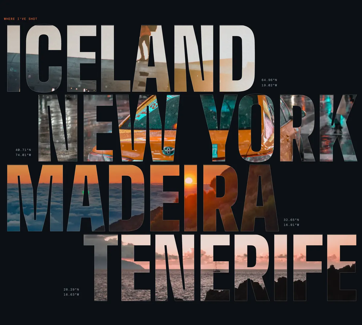 The Vermi site’s “Where I’ve shot” section: place names cut out of photos