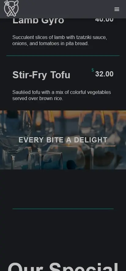 A preview of the restaurant2 layout's menu